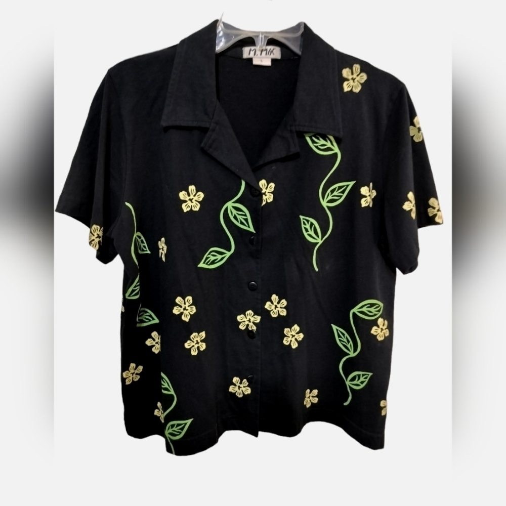 M266) M.Mac Men's Black Flower Leaf Print Button Front  Short Sleeve Shirt